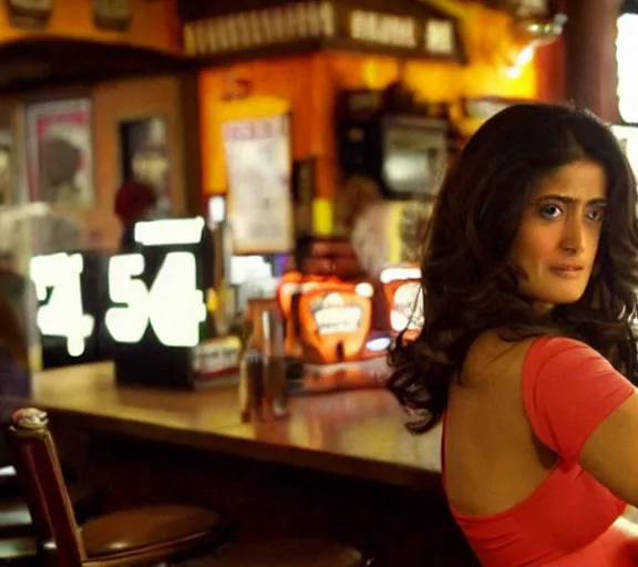 Image similar to film still of salma hayek leaning over a counter inside a hooters bar, large bust beautifully showing in hooters outfit as it rests on the counter in a leaning pose, scene directed by quintin tarantino.
