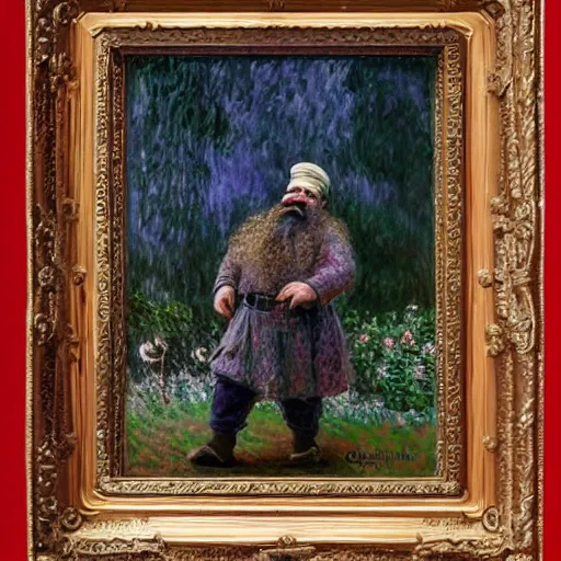 Prompt: Dwarf tries to dodge the intricacies of his sworn enemies in Kafiristan, Claude Monet