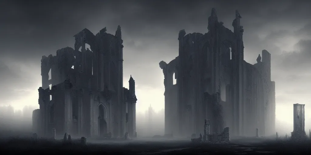 Image similar to ruins of a gothic castle, dusk, mist, dusty, ultra high definition, ultra detailed, symmetry, sci - fi, dark fantasy, dramatic lighting, by greg rutkowski and ross tran