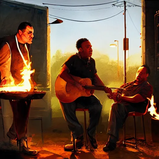 Prompt: Tony Soprano and Gustavo Fring in night at the yard speaking while grilling kebabs and one guy playing guitar, oil painting by Cedric Peyravernay, highly detailed, cinematic concept art, dramatic lighting