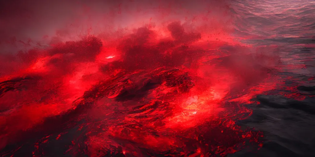 Image similar to a churning, boiling, fiery red sea with lots of smoky black and red steam, fantasy digital art, octane render, beautiful composition, trending on artstation, award-winning photograph, masterpiece