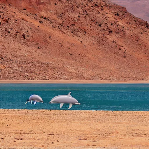 Prompt: dolphins walking in the desert