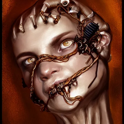 Prompt: portrait of a Shibari rope wrapped face and neck, headshot, insanely nice professional hair style, dramatic hair color, digital painting, of a old 13th century, biomechanical cyborg banker, amber jewels, baroque, ornate clothing, scifi, realistic, hyperdetailed, chiaroscuro, concept art, art by Franz Hals and Jon Foster and Ayami Kojima and Amano and Karol Bak,