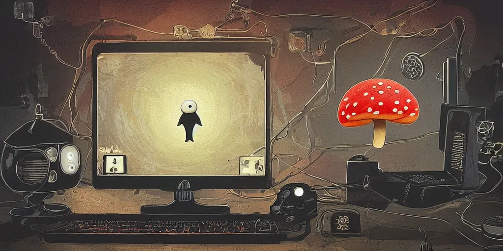 Prompt: a symmetrical portrait of a vintage computer with a mushroom on the screen, in the middle of a post apocalyptic setting,