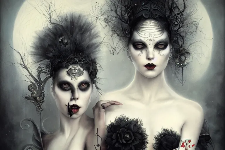 Prompt: By Tom Bagshaw, ultra realist soft painting of curiosities carnival by night, eyes shut very beautiful horn single female gothic wearing corset , symmetry accurate features, very intricate details, omnious sky, black and white, volumetric light clouds