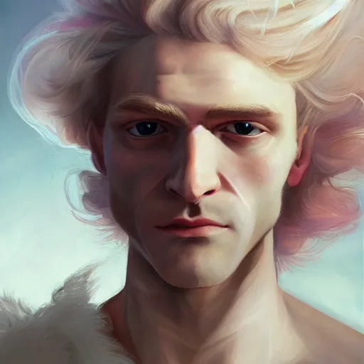 Image similar to a portrait of a beautiful androgynous blond man, germanic pale white skin and long fluffy curly blond hair, sharp lavender eyes, Center parted curtain bangs, close up view, head and upper body, looking upward, fullface, light from above, by Peter Mohrbacher, trending on artstation, 8k