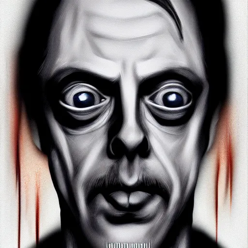 Image similar to photorealistic portrait of a young steve buscemi as the mothman, dark, horror movie poster, digital painting