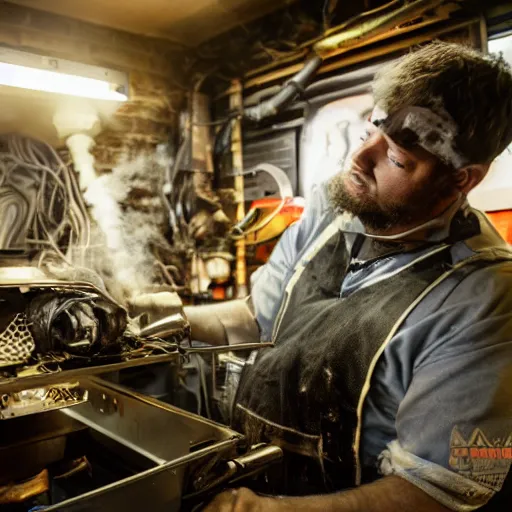 Image similar to technician repairing head of toaster oven mecha, dark messy smoke - filled cluttered workshop, dark, dramatic lighting, orange tint, cinematic, highly detailed, sci - fi, futuristic, movie still