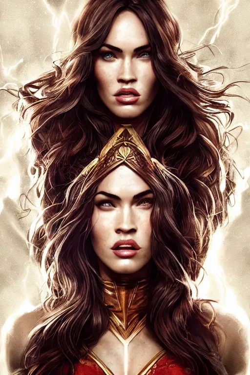 Image similar to majestic and regal portrait of megan fox female the flash, dc universe, perfect face, beautiful, intricate, epic, elegant, fantasy, highly detailed, digital painting, hard focus, beautiful volumetric lighting, epic light, ultra detailed, by leesha hannigan, ross tran, thierry doizon, kai carpenter, ignacio fernandez rios