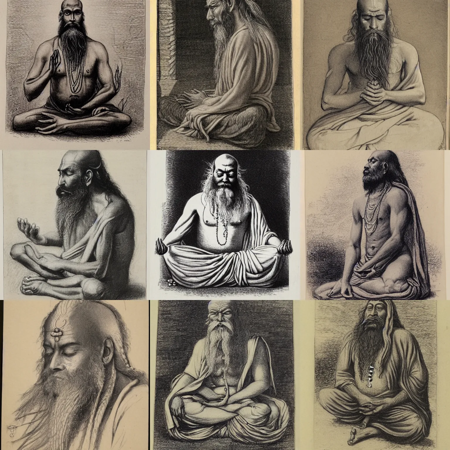 Prompt: portrait sketch of a cool sadhu meditating with a long beard, etching by louis le breton, 1 8 6 9, 1 2 0 0 dpi scan