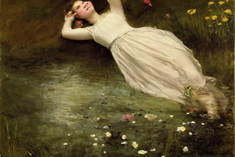 Prompt: a virtuosic portrait of a beautiful young girl, floating on her back in the dark waters of a river surrounded by high green grass and a lot of fine flowers, drowned, with closed eyes, wearing a nicely crafted antique dress, by sir john everett millais, realistic, hyperdetailed, ethereal, sad, masterpiece, oil painting