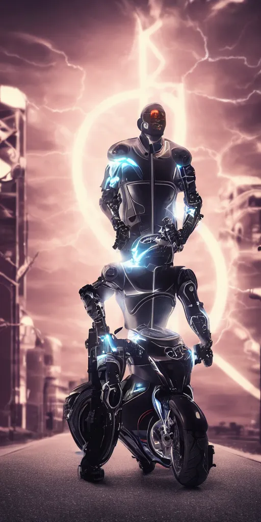 Prompt: a futuristic cyborg biker on a 1 wheel motorbike, design style, Braun, Tesla, riding inbetween futuristic highrise buildings, neon signs, beautiful cinematic atmospheric lightning, octane 8k render