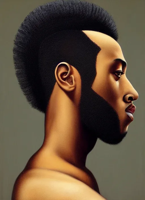 Prompt: young black man with a mohawk art by mary jane ansell