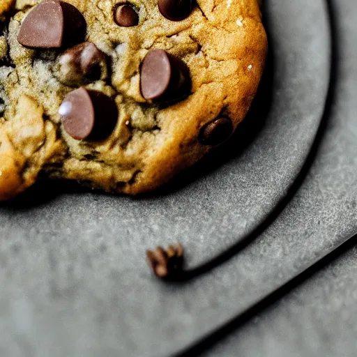 Prompt: a 5 0 mm macro shot of a chocolate chip and prawn cookie