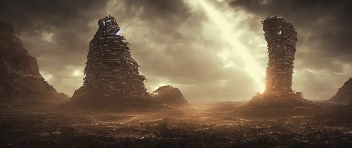 Image similar to detailed giant aliens ship over the tower of babel, beautiful dramatic moody lighting, subsurface scattering, cinematic atmosphere, octane render, Vray, Arnold