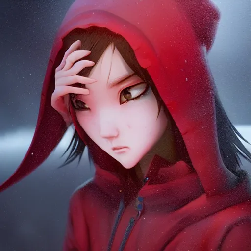 Prompt: chinese girl demon with red hoodie. insanely detailed. by wlop, ilya kuvshinov, krenz cushart, greg rutkowski, pixiv. octane, maya, houdini, vfx, pixar. close up cinematic dramatic atmosphere, sharp focus, volumetric lighting