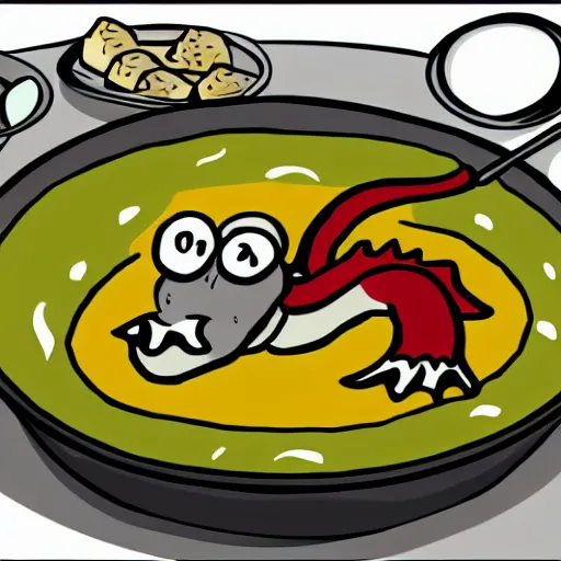Prompt: dragon swimming on a plate of soup cartoon style