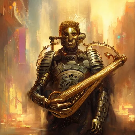 Image similar to stunning portrait of 3yo greek argonaut Orpheus playing the golden lyre, painting by Raymond Swanland, cyberpunk, sci-fi cybernetic implants hq