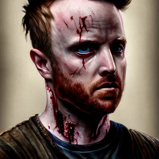 Image similar to Jesse Pinkman, zombie killer, butcher, portrait, fantasy, beautiful face, medieval, vivid colors, elegant, concept art, sharp focus, digital art, Hyper-realistic, 4K, Unreal Engine, Highly Detailed, HD, Dramatic Lighting by Brom, trending on Artstation