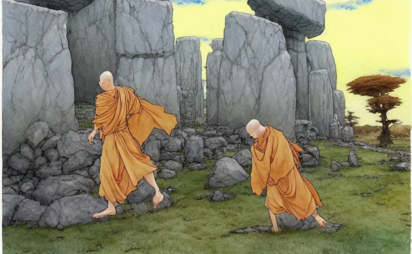 Image similar to a realistic anime watercolor fantasy concept art of a giant monk with a big forehead in grey robes partying in stonehenge. an immense stone is floating in the air. by rebecca guay, michael kaluta, charles vess