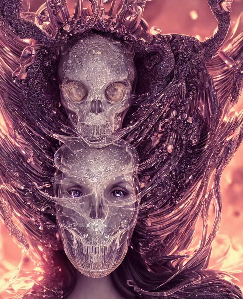 Image similar to close-up macro portrait of the face of a beautiful princess with animal skull mask, epic angle and pose, symmetrical artwork, 3d with depth of field, blurred background, cybernetic jellyfish female face skull phoenix bird, translucent, nautilus, energy flows of water and fire. a highly detailed epic cinematic concept art CG render. made in Maya, Blender and Photoshop, octane render, excellent composition, cinematic dystopian brutalist atmosphere, dynamic dramatic cinematic lighting, aesthetic, very inspirational, arthouse. y Greg Rutkowski, Ilya Kuvshinov, WLOP, Stanley Artgerm Lau, Ruan Jia and Fenghua Zhong