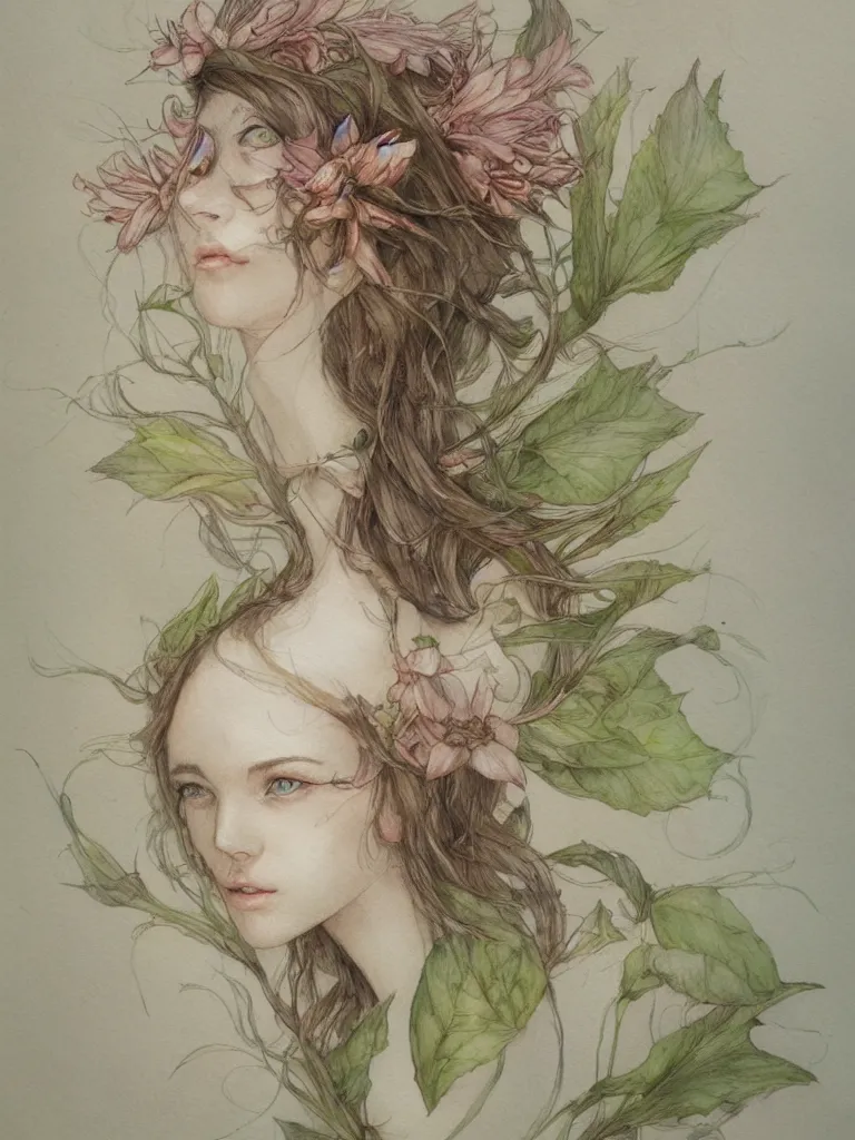 Image similar to study of a flower fairy, illustration, watercolor, alan lee, detailed, pretty, ethereal, realistic, artstation,