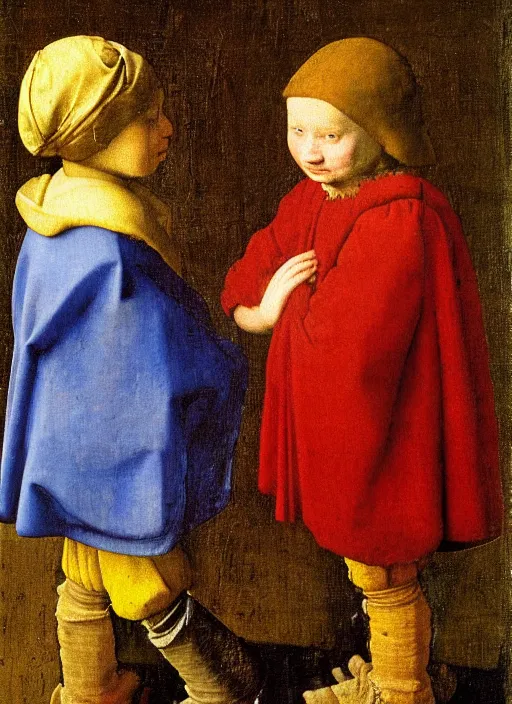 Image similar to Two little brothers look at each other, medieval painting by Jan van Eyck, Johannes Vermeer, Florence