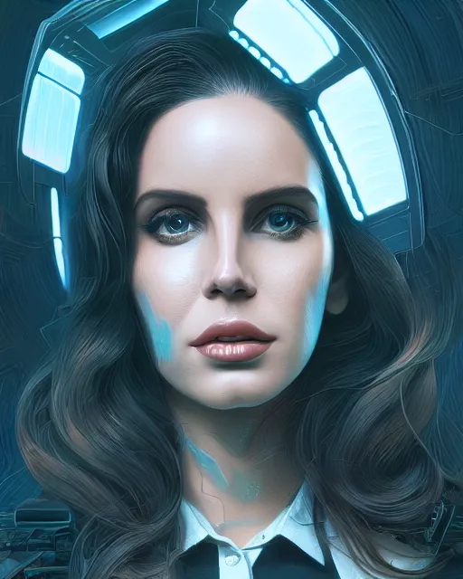 Image similar to portrait of lana del rey as a cyborg. intricate abstract. intricate artwork, by tooth wu, wlop, beeple, dan mumford. concept art, octane render, trending on artstation, greg rutkowski very coherent symmetrical artwork. cinematic, key art, hyper realism, high detail, octane render, 8 k, iridescent accents