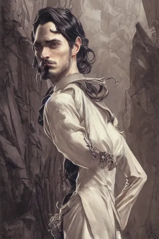 Image similar to skinny male fantasy alchemist, long dark hair, 1 9 2 0 s fashion, elegant, highly detailed, intricate, smooth, sharp focus, artstation, digital paining, concept art, art by donato giancola, greg rutkowski, artgerm, cedric peyravernay, valentina remenar