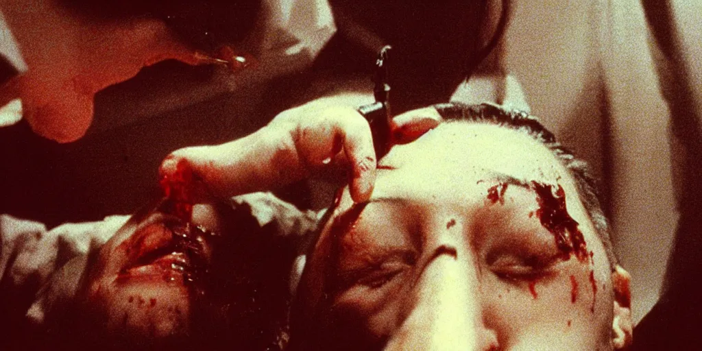 Image similar to filmic extreme wide shot dutch angle movie still 35mm film color photograph of a doctor getting his head sliced clean in half, dripping blood, in the style of an intense nightmarish realistic horror film