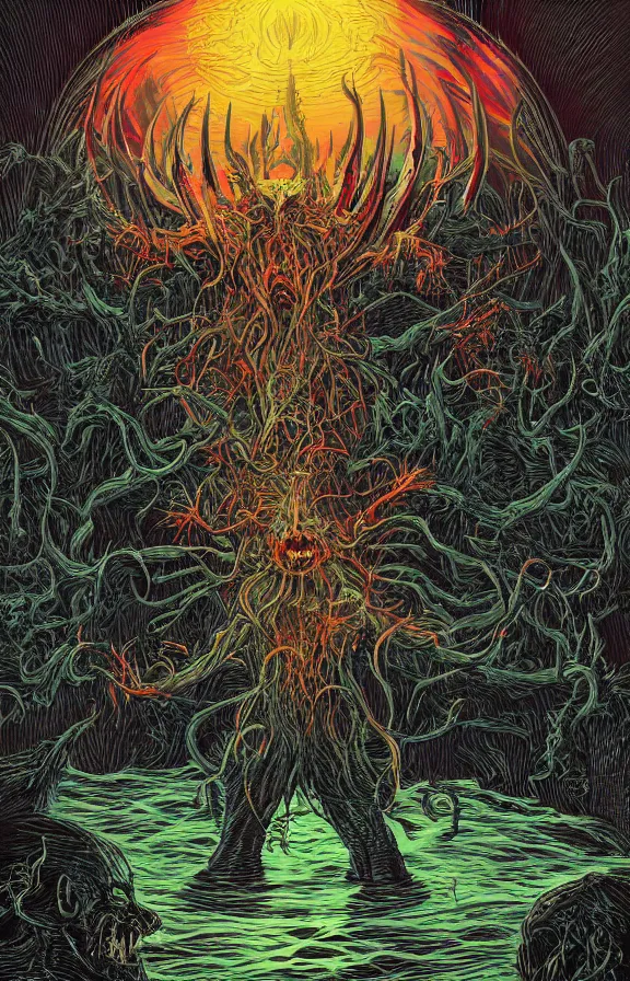 Prompt: A photograph of a hellspawn demon greeting souls of sinners at the gates of the River Styx by Dan Mumford and Josan Gonzalez and Feng Zhu and Loish and Stephen Gammell: 1, black border: 0.75: 0.5, vibrant: 0.75, psychedelic, green: 0.25, blue: 0.25