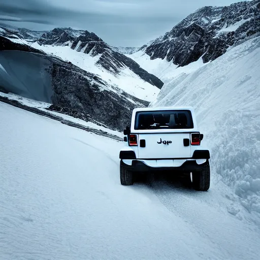 Image similar to white jeep wrangler driving up a steep snowy mountain cornice, high quality digital art, dramatic lighting, cinematic, photo realism