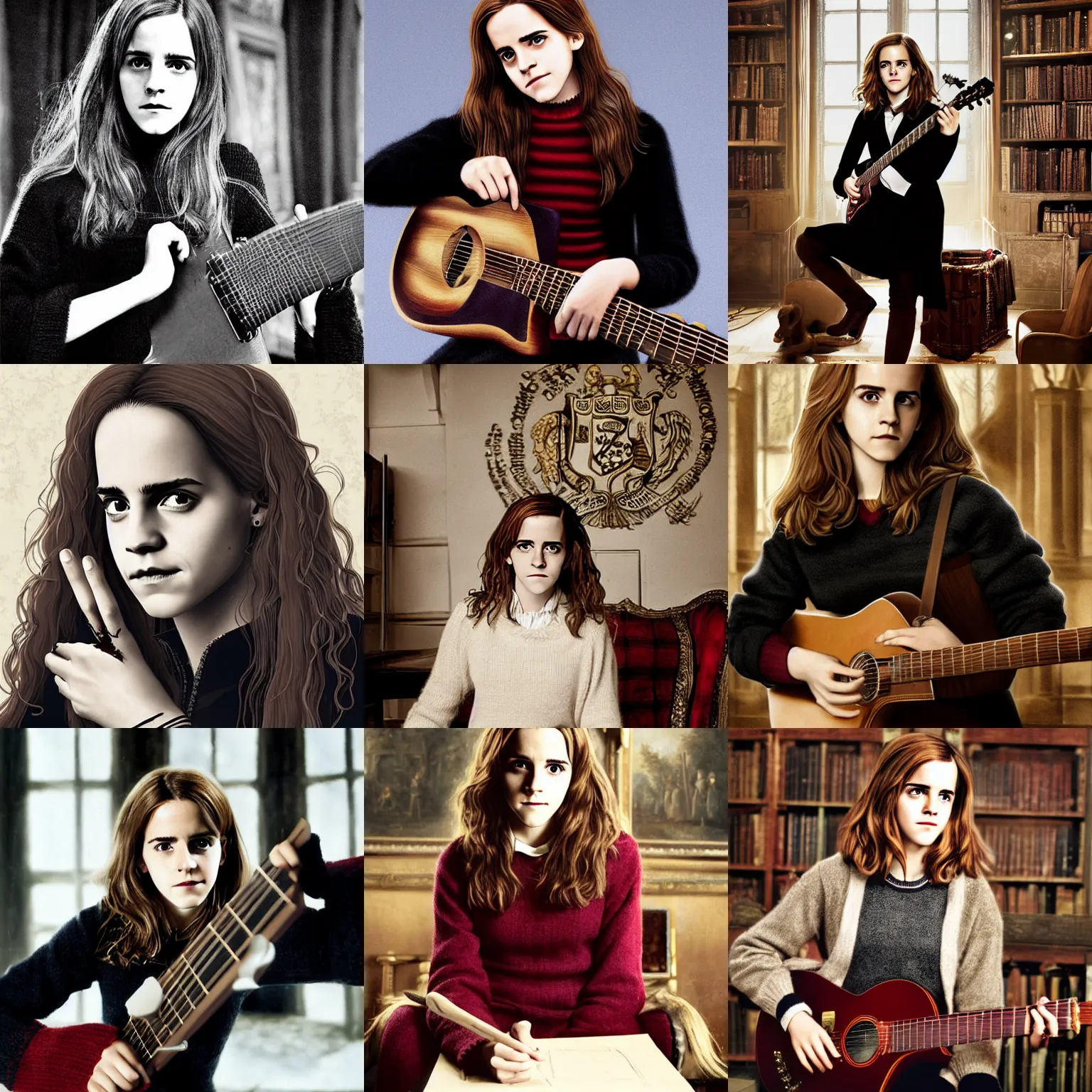 Prompt: Hermione Granger/Emma Watson wearing a black sweater, playing a guitar, in the Gryffindor common room, portrait photo by Ivan Shishkin
