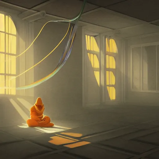 Image similar to digital painting of a ninja in a room made of baloons , concept art, by Ralph mcquarrie, sunlight pouring through window, huge scale, high detail, futuristic, godrays, volumetric lighting, warm lighting
