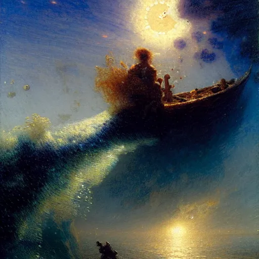 Prompt: point of view of deep in the ocean looking up, you see fishes, higher the milk way, night time, midnight. highly detailed painting by gaston bussiere, greg rutkowski 8 k