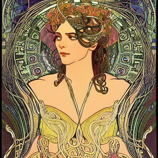 Prompt: cleopatra with coiled serpents beautiful detailed romantic art nouveau face portrait by alphonse mucha, kay nielsen, yoshitaka amano, and gustav klimt, hauntingly beautiful refined moody dreamscape