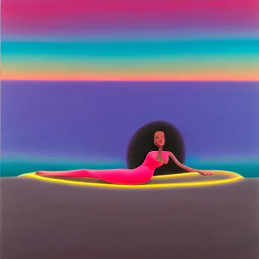 Image similar to a black woman relaxing on a black sand beach at sunset, bioluminescent plankton by justin bua and evgeni gordiets in a surreal style, oil on canvas