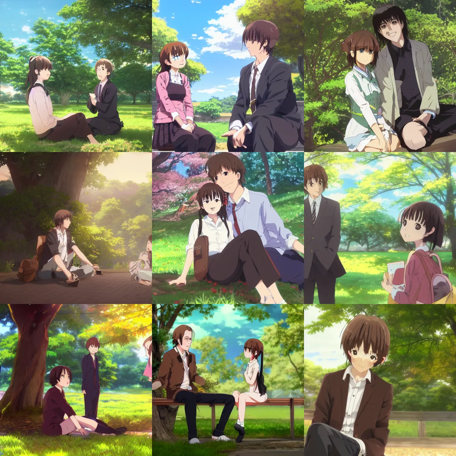 Prompt: photorealistic, brown haired bob odenkirk meets a beautiful smiling anime girl with black hair and hime cut sitting under a tree, anime key visual, digital art, anime screenshot, kyoto animation, makoto shinkai, trending on artstation