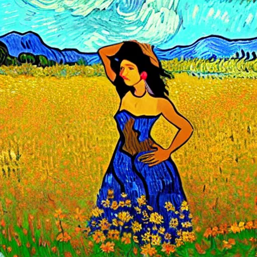 Image similar to beautiful dark skinned mexican woman, dancing in a field of flowers, prominent rosy cheek bones, black hair and brown eyes, van gogh art style,