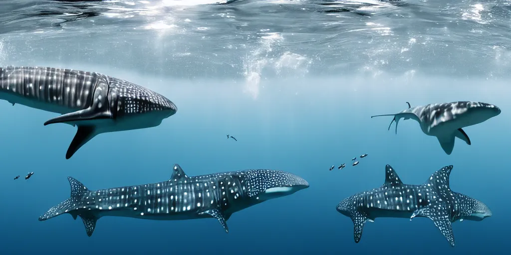 Prompt: hyperrealistic underwater photography, panoramic picture of an ocean floor with in the distance some whale sharks. focus on the sharks. the sharks are anatomically correct and highly detailed. the shark's eyes are intricately detailed. there are lots of bubbles. seaweed and some rocks. gloomy scattered light entering from the water surface, trending on artstation, hq, 4 k