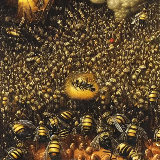 Prompt: a swarm of bumblebees attacking sleeping people in hell, art by bosch, highly detailed, masterpiece