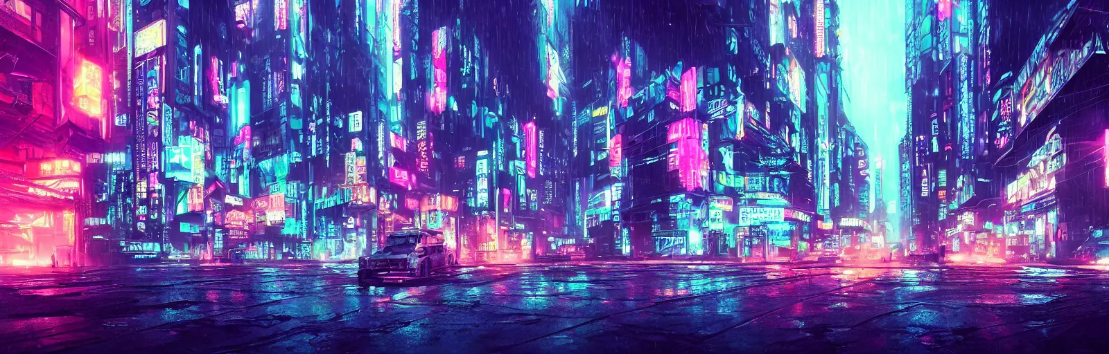 Prompt: street view of a cyberpunk city center, in the style of Blade Runner, rainy weather, neon lighting, vaporwave, retro wave, synthwave, highly detailed, digital painting, concept art, illustration, artstation, Roger Deakin's cinematography, Liam Wong, photo-realistic, cinematic lighting, 8k,