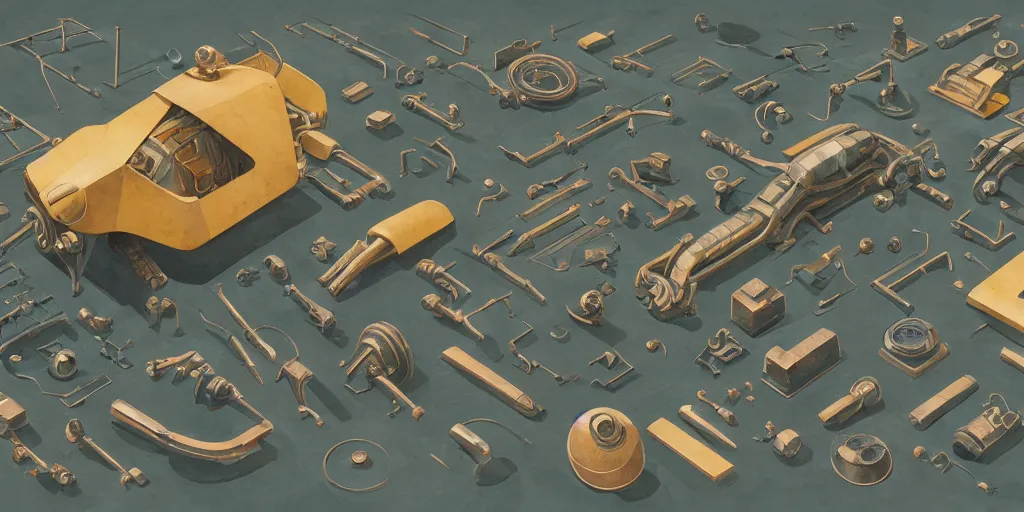 Image similar to collection of exploration of form and shapes, moebius, engine, props, hard surface, panel, simon stalenhag, kitbash, items, gadget, big medium small, close up, vehicles, futuristic, parts, machinery, greebles, insanely detailed, case, hardware, golden ratio, wes anderson color scheme, in watercolor gouache detailed paintings