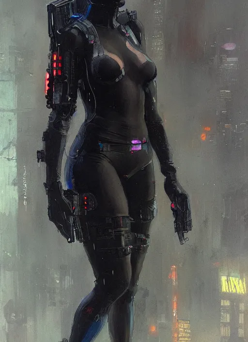 Prompt: black cat. cyberpunk assassin in tactical gear. blade runner 2 0 4 9 concept painting. epic painting by craig mullins and alphonso mucha. artstationhq. painting with vivid color. ( rb 6 s, cyberpunk 2 0 7 7, matrix )