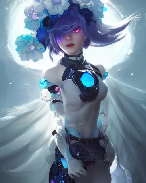 Prompt: cyborg girl with white hair and black skirt, flower decorations, dreamy, beautiful illustration, scifi, radiant, atmosphere, harmony, top lighting, blue eyes, focused, perfect composition, artstation, highly detailed, art by yuhong ding and chengwei pan and serafleur and ina wong