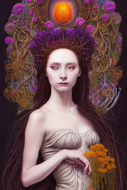 Prompt: portrait of a young female wizard in flowing sensual dress, arrogant, long fine flowing hair, delicate, looking at camera, slight nerdy awkward smile, realistic face, stylish, elegant, grimdark fantasy, flowers, extremely detailed painting inspired by Gerald Brom and Ernst Haeckel and Victor Nizovtsev, studio lighting