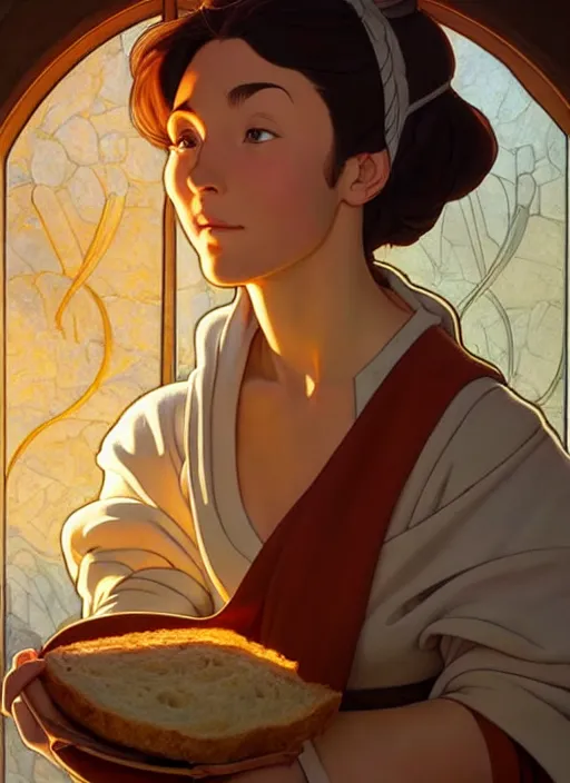 Image similar to focused medieval chef baking bread natural lighting, path traced, highly detailed, high quality, digital painting, by don bluth and ross tran and studio ghibli and alphonse mucha, artgerm