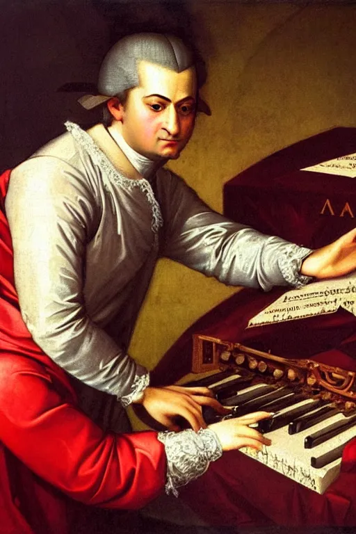 Image similar to a stunning renaissance painting of Wolfgang Amadeus Mozart playing a modular synthesizer, strong dramatic lighting, highly detailed, oil on canvas, HD, 4K