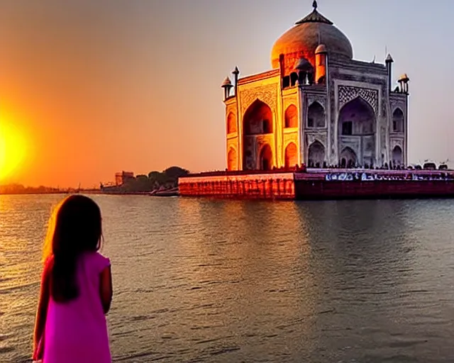 Prompt: a 4 k cinematic film shot still of taj mahal next to gateway of india and a young mumbai girl looking at them during sunset