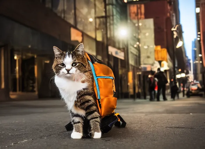 Image similar to photography of a Cat being carried in a backpack . in a new york street. award winning photo, led lighting, night, 130mm, sharp, high res